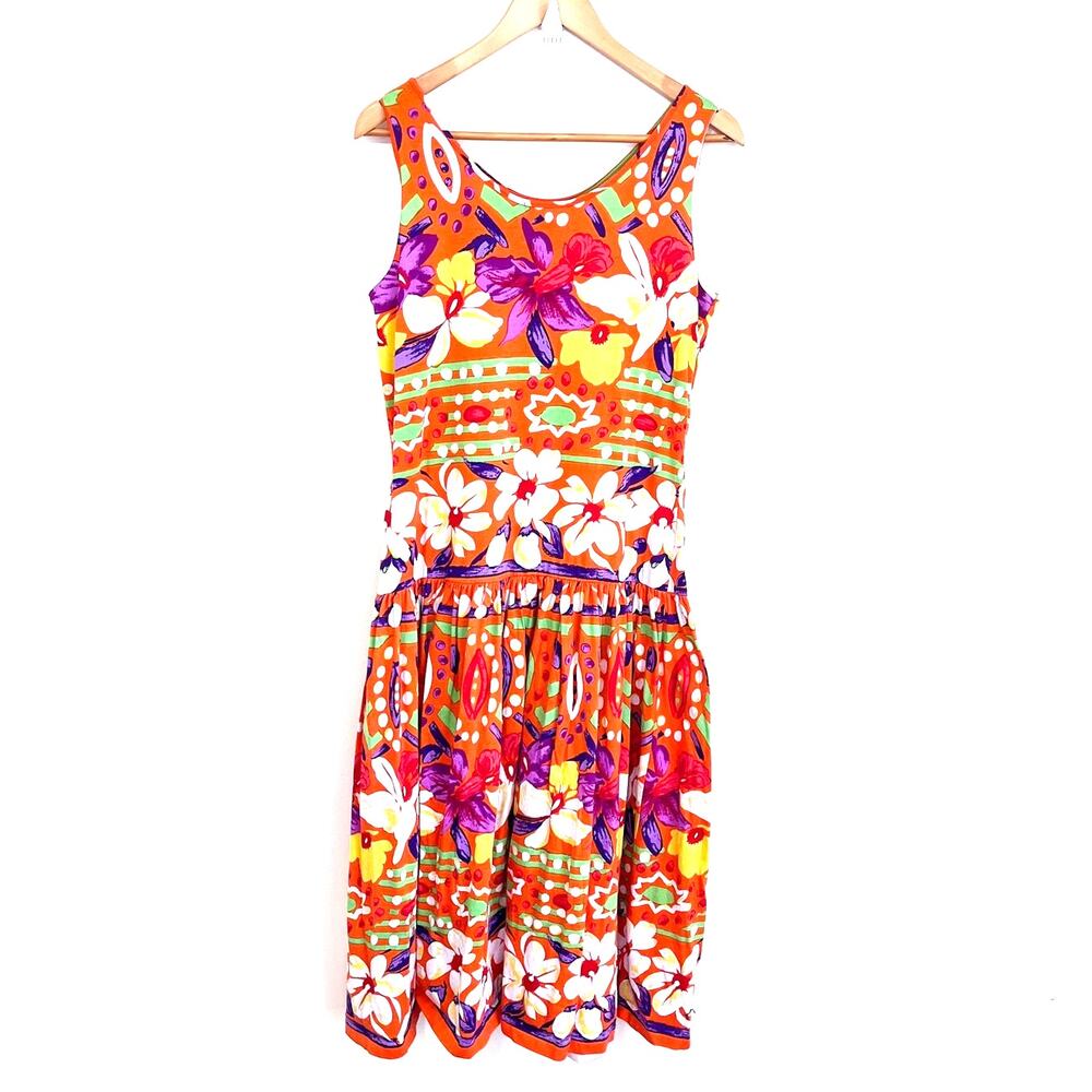 Vintage‎ Talbots Floral Midi Dress Size 8 Orange Tropical Vacation Boho Cotton